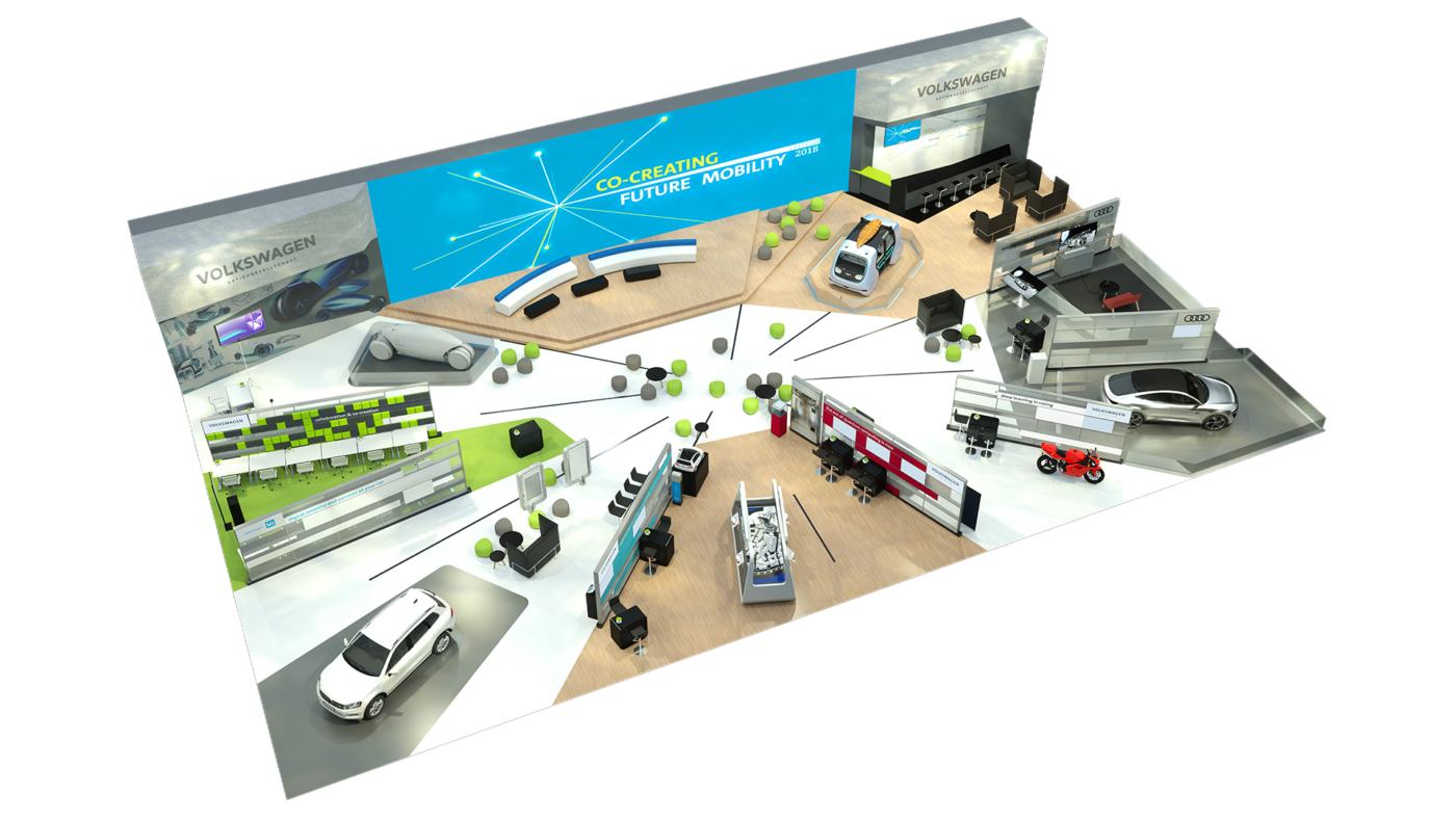 Volkswagen Messeauftritt - Durchdachte Kommunikations-Architektur: Employer Branding und Messeauftritt als räumlich und inhaltlich dynamische Erlebnis- und Kommunikationsplattform mit durchformatiertem Programm.