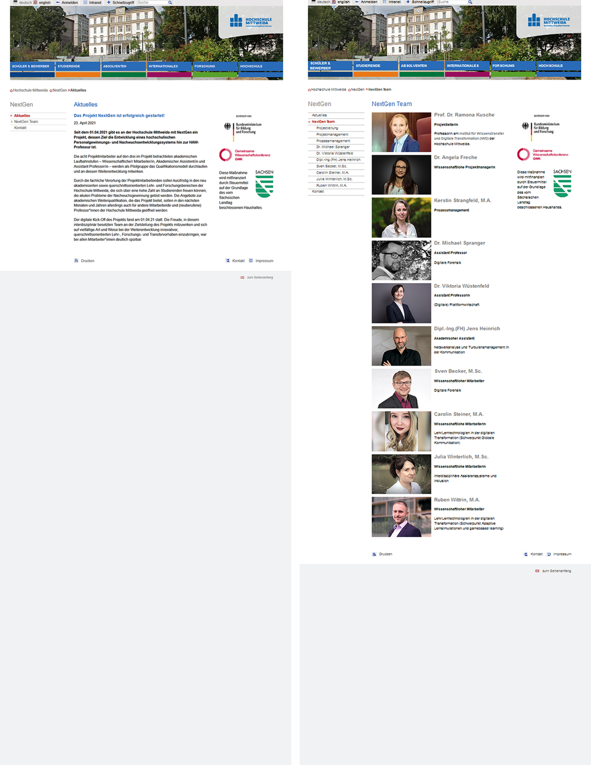 NextGen Wissenschaftskommunikation - Ursprüngliche Startseite und Teamvorstellung vor Neukonzeption